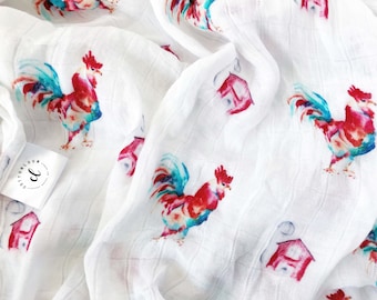 Rooster Baby Swaddle Blanket: Bamboo Muslin, Watercolor Farm Print