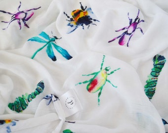 Muslin Baby Blanket, Bug Baby Blanket, Bamboo Blanket, Muslin Swaddle Blanket, Bug Swaddle, Baby Blanket, Baby Swaddle, Watercolor Blanket