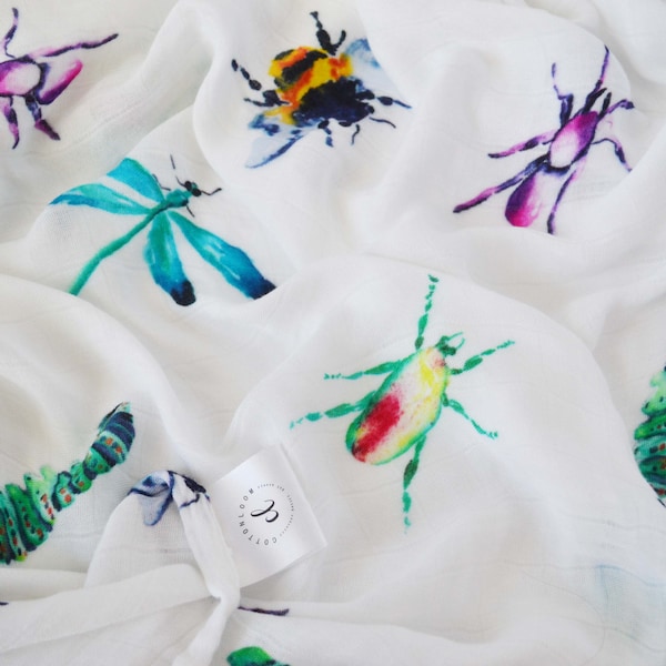 Muslin Baby Blanket, Bug Baby Blanket, Bamboo Blanket, Muslin Swaddle Blanket, Bug Swaddle, Baby Blanket, Baby Swaddle, Watercolor Blanket