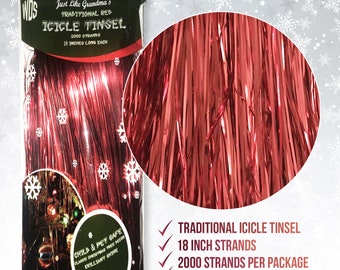 Premium Red Icicle Tinsel Garland for Christmas Trees - 2000 Vintage Shiny Mylar Strands - Each Stand 18 Inch Long - Kid & Pet Safe