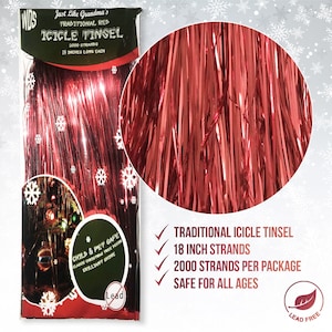 Premium Red Icicle Tinsel Garland for Christmas Trees - 2000 Vintage Shiny Mylar Strands - Each Stand 18 Inch Long - Kid & Pet Safe