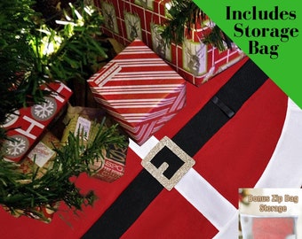 48 Inch Fleece Christmas Tree Skirt + BONUS Zip Storage Bag - Premium Fun Santa Suit Design - Large Size Fits All Trees - Pet & Kid Safe