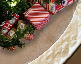 48 Inch Burlap Christmas Tree Skirt + BONUS Zip Storage Bag - Fleece Stitch Border -  Perfect Christmas Gift