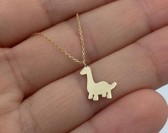 14k Solid Gold Dainty Dinosaur Necklace, Dainty Dinosaur Necklace, Tiny Brontosaurus Necklace, Very Small Real 14k Solid Gold Custom Jewelry