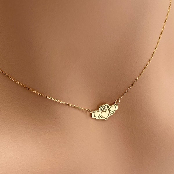 Real 14k Solid Gold Minimal Claddagh Necklace, Dainty Claddagh Heart Hands Necklace, Tiny Gold Claddagh Necklace, Very Small Custom Jewelry