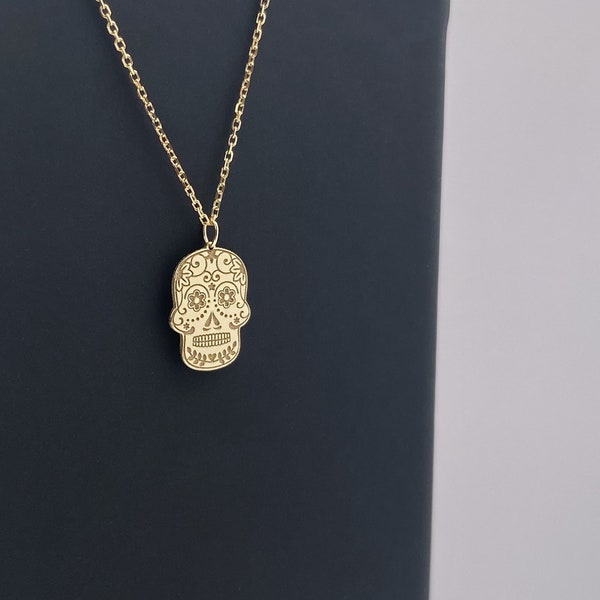 Real 14k Solid Gold Minimal Sugar Skull Necklace, Dainty Skull Necklace, Tiny Sugar Gold Skull Necklace, Very Small Personalized Jewelry