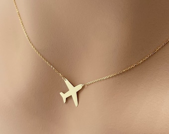 Real 14k Solid Gold Minimal Airplane Necklace, Dainty Gold Airplane Necklace, Tiny Plane Necklace, Travel Necklace, Very Small Gold Jewelry