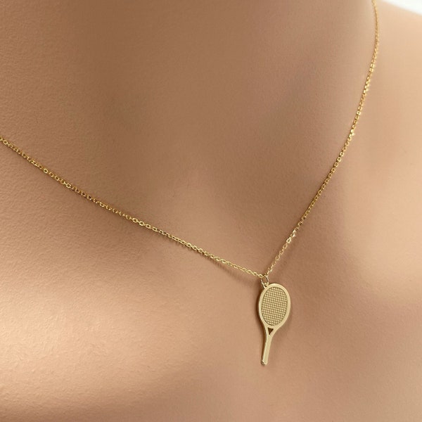 Echt 14k Solid Gold Minimal Tennisschläger Halskette, zierliche Gold Tennisschläger Halskette, winzige Gold Tennis Halskette, sehr kleine individuelle Schmuck