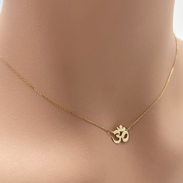 Real 14k Solid Gold Minimal Om Necklace, Dainty Gold Ohm Necklace, Tiny Gold Aum Necklace, Very Small Personalized Custom Jewelry