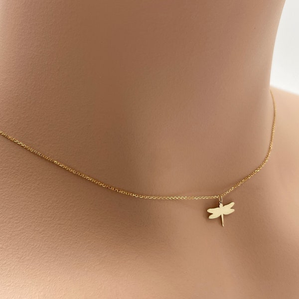 Real 14k Solid Gold Minimal Dragonfly Necklace, Dainty Gold Dragonfly Necklace, Tiny Bird Necklace, Very Small Personalized Custom Jewelry