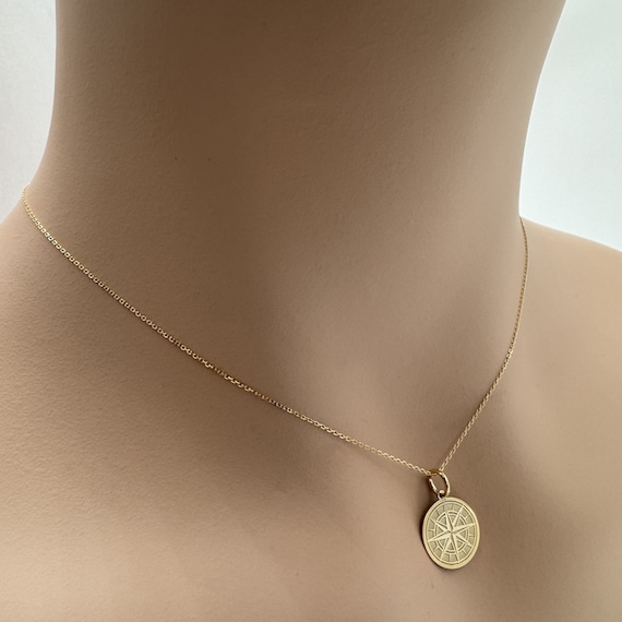 Real 14k Solid Gold Minimal Compass Necklace, Dainty Compass Gold Necklace, Tiny Compass Disc Necklace, Small Personalized Custom Jewelry