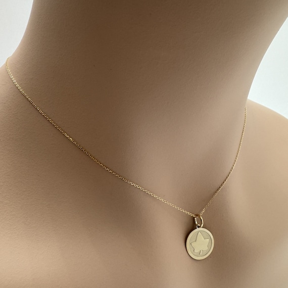 Real 14k Solid Gold Minimal Ivy Leaf Necklace, Dainty Gold Ivy Leaf Necklace, Tiny Ivy Leaf Disc Necklace, Small Personalized Custom Jewelry
