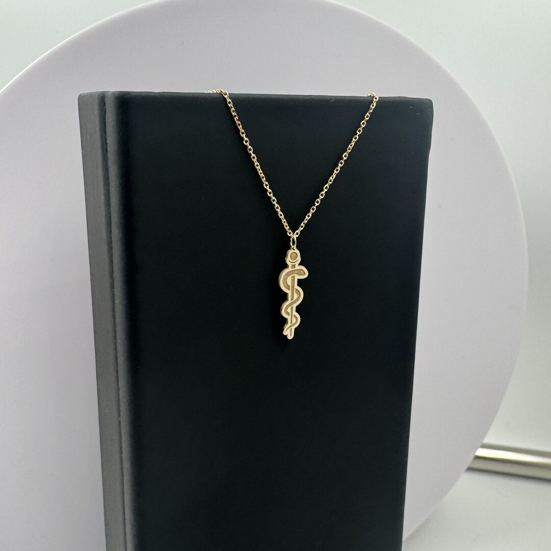 14K Gold Dainty Rod of Asclepius Necklace, Real 14k Solid Gold Minimal ...