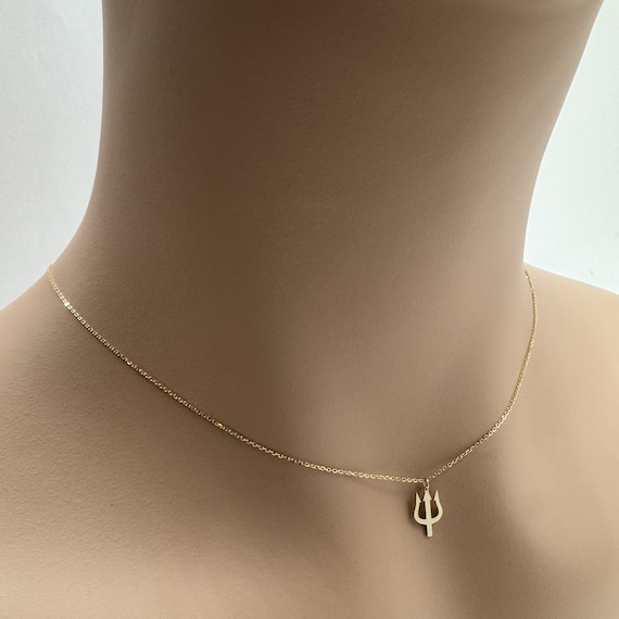 Real 14k Solid Gold Minimal Trident Necklace, Dainty Gold Trident Necklace, Tiny Gold Poseidon Trident Necklace, Very Small Custom Jewelry