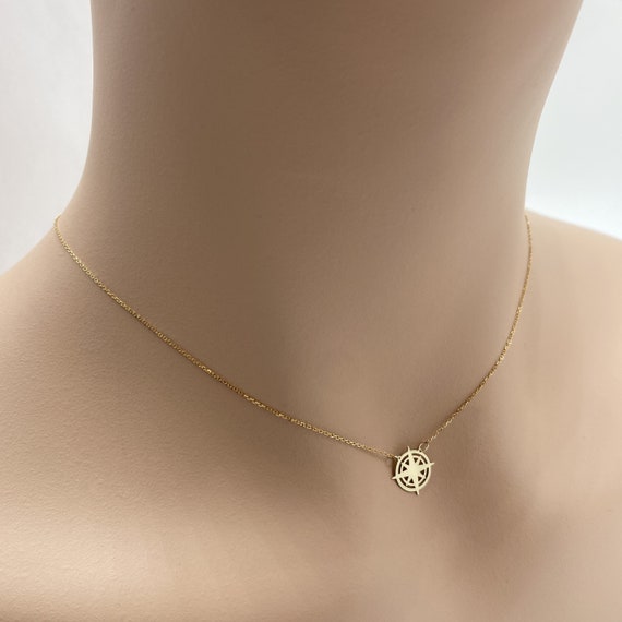 Real 14k Solid Gold Minimal Compass Necklace, Dainty Compass Gold Necklace, Tiny Compass Necklace, Very Small Personalized Custom Jewelry