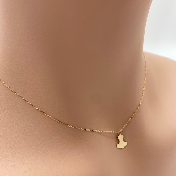 Real 14k Solid Gold Minimal Viking Mjölnir Necklace, Dainty Hammer of Thor Necklace, Tiny Thors Hammer Necklace, Very Small Custom Jewelry