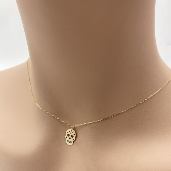 Real 14k Solid Gold Minimal Sugar Skull Necklace, Dainty Skull Necklace, Tiny Sugar Gold Skull Necklace, Very Small Personalized Jewelry