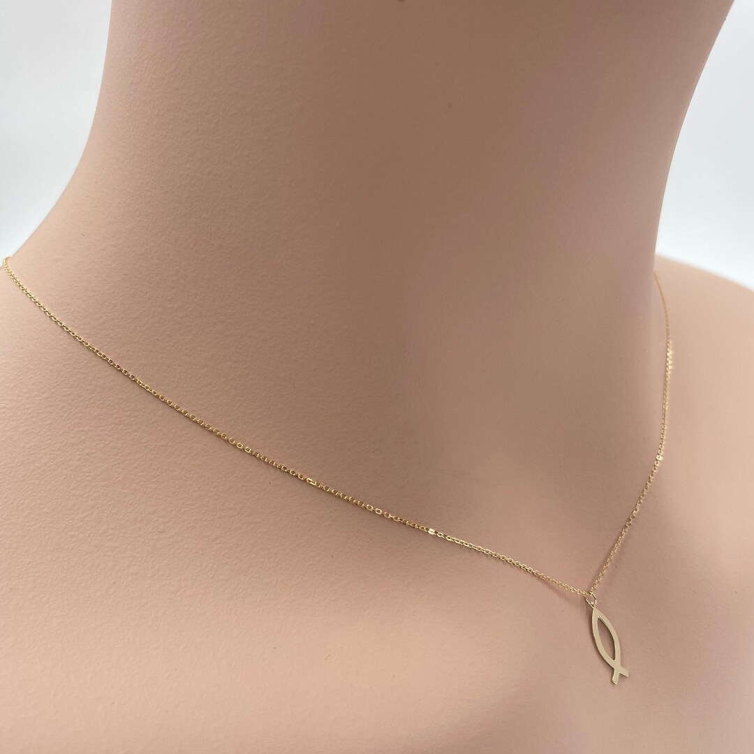 Real 14k Solid Gold Minimal Ichthys Necklace, Dainty Pisces Necklace