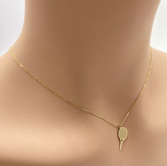 Real 14k Solid Gold Minimal Tennis Racket Necklace, Dainty Gold Tennis Racket Necklace, Tiny Gold Tennis Necklace, Very Small Custom Jewelry