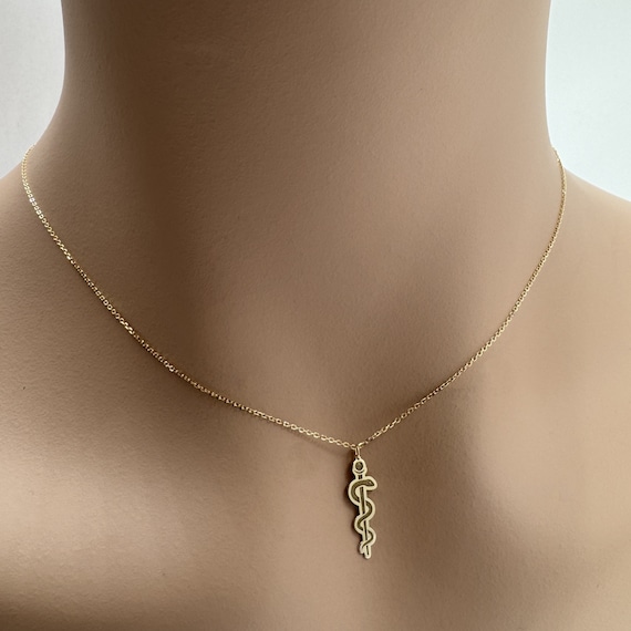 Real 14k Solid Gold Minimal Rod of Asclepius Necklace, Dainty Rod of Asclepius Necklace, Tiny Medical ID Necklace, Very Small Custom Jewelry