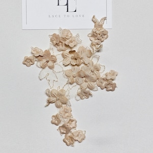 Applicazione in pizzo beige, applicazione in pizzo con perline, applicazione in pizzo Chantilly francese, pizzo 3D, applicazione in pizzo da sposa M0100