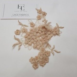 Toppa in pizzo 3D beige, applicazione in pizzo con perline, applicazione in pizzo chantilly francese beige, applicazione in pizzo da sposa 3D color pelle venduta al pezzo M0097