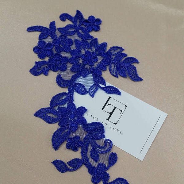 Blue Lace applique, French Chantilly lace applique, Royal blue lace fabric, 3D bridal lace applique, embroidered lace M0072