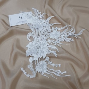 Applique en dentelle d’ivoire, applique en dentelle perlée, Français applique de dentelle Chantilly, dentelle 3D, applique en dentelle nuptiale M0095