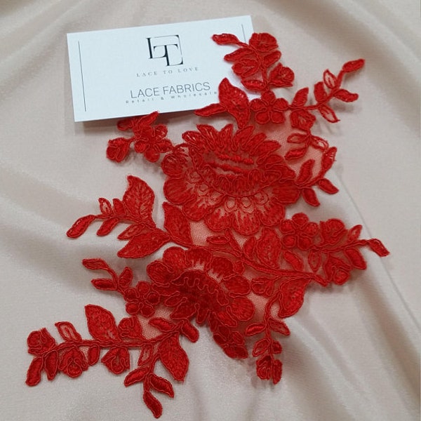 Red applique, French Chantilly lace applique, 3D bridal lace applique, M0056