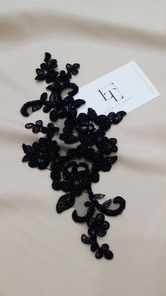 Black Lace applique French Chantilly lace applique bridal lace applique Beaded lace applique M0021 3D lace