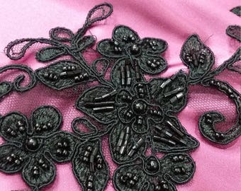 Black Lace applique, Beaded lace applique, French Chantilly lace applique, 3D lace, bridal lace applique embroidered lace fabric M0017