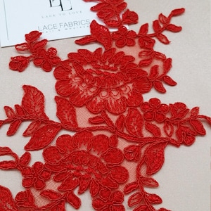 Patch en dentelle florale rouge, applique de dentelle de Chantilly française, applique de dentelle de voile de mariage de mariée de fleurs, vendu par pièces, M0056