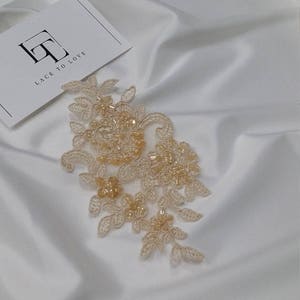 Beige Spitzenapplikation, Perlenspitze Applikation, Französische Chantilly Spitze Applikation, 3D Spitze, Brautspitze Applikation, Perlenstickerei Spitze M0018