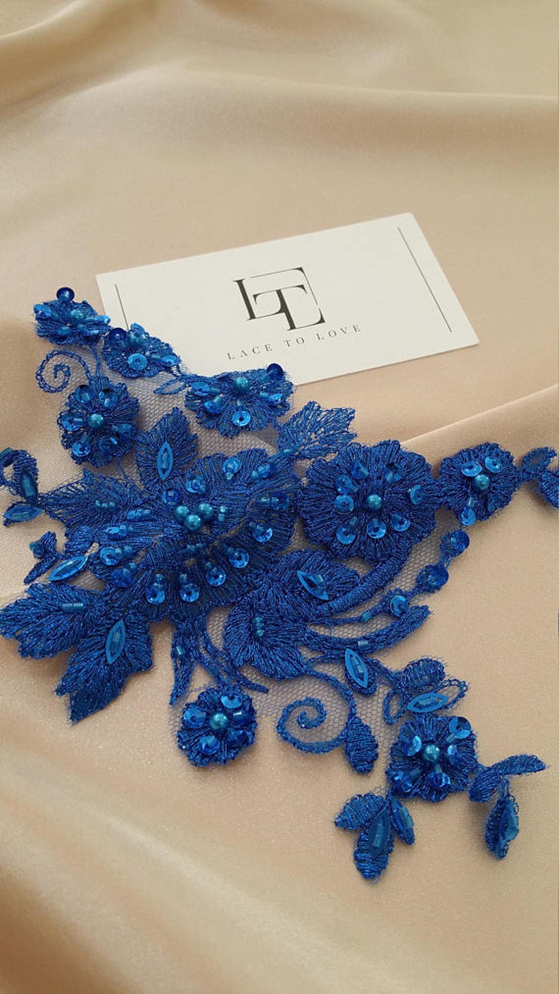 Blue applique M0048 Beaded lace applique French Chantilly lace applique 3D bridal lace applique