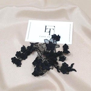 Black 3D Flower Lace Applique: Beaded Chantilly Lace Motif