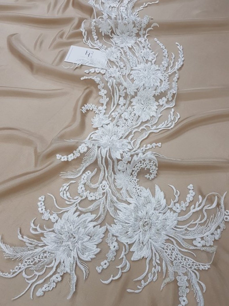 Beaded lace applique bridal lace applique M0094 Ivory Lace applique French Chantilly lace applique 3D lace