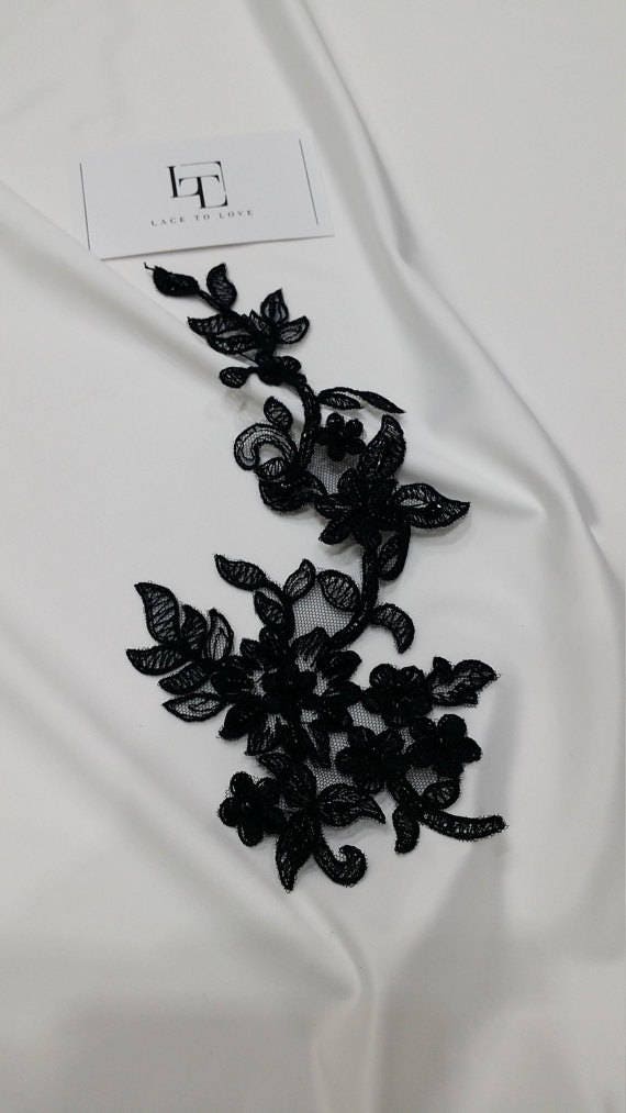 Black Lace applique French Chantilly lace applique bridal lace applique Beaded lace applique M0021 3D lace