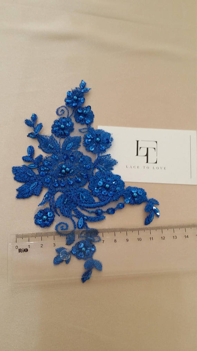 Blue applique M0048 Beaded lace applique French Chantilly lace applique 3D bridal lace applique