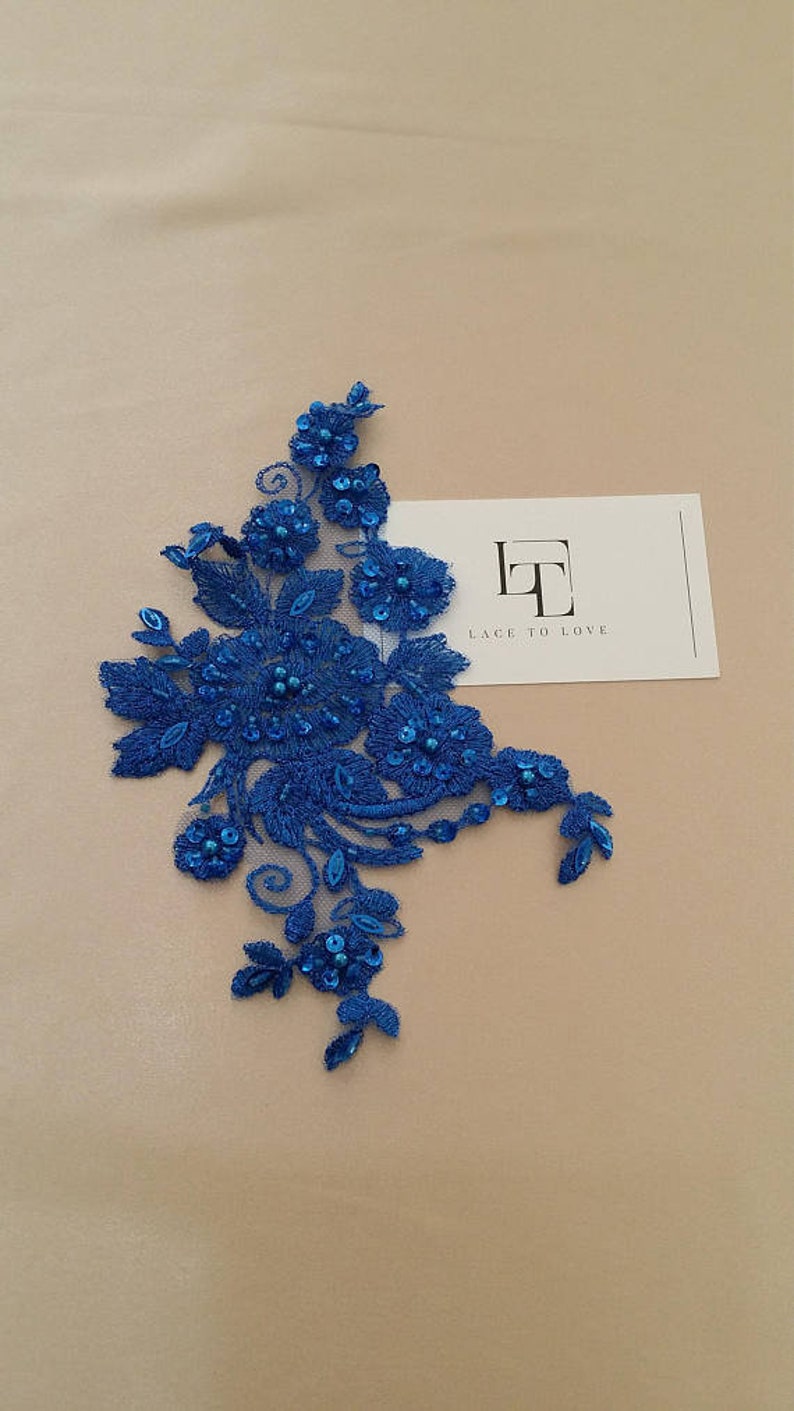 Blue applique M0048 Beaded lace applique French Chantilly lace applique 3D bridal lace applique