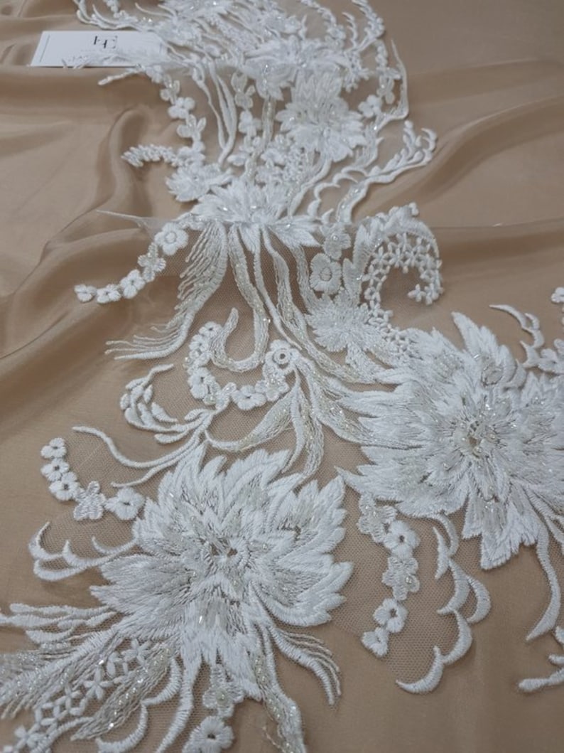 Beaded lace applique bridal lace applique M0094 Ivory Lace applique French Chantilly lace applique 3D lace