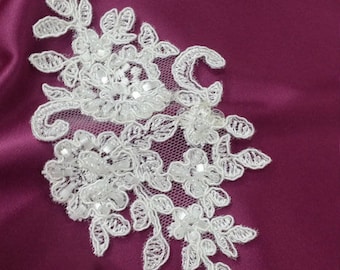 Ivory Beaded Lace Applique: French Chantilly Bridal Lace