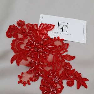 Rote Spitze Applikation, Perlenspitze Applikation, Französische Chantilly Spitze Applikation, 3D Spitze, Brautspitze Applikation, Perlenstickerei Spitze M0029