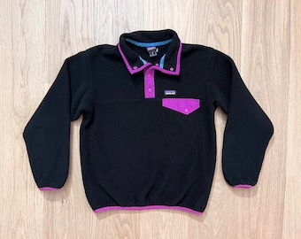 Patagonia Synchilla Black Purple SNAP-T Fleece Pullover Size Girls 10/12