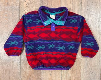 Vintage LL Bean Fleece Pullover Youth XS Red Purple Gecko Fish Aztec Snap 90s