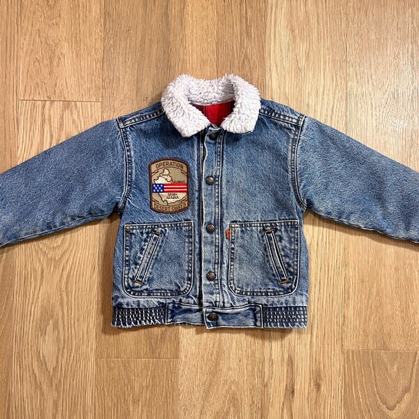 Vintage Little Levi’s Orange Tab Denim Jean Sherpa Jacket Sz 7 Kids Youth Plaid