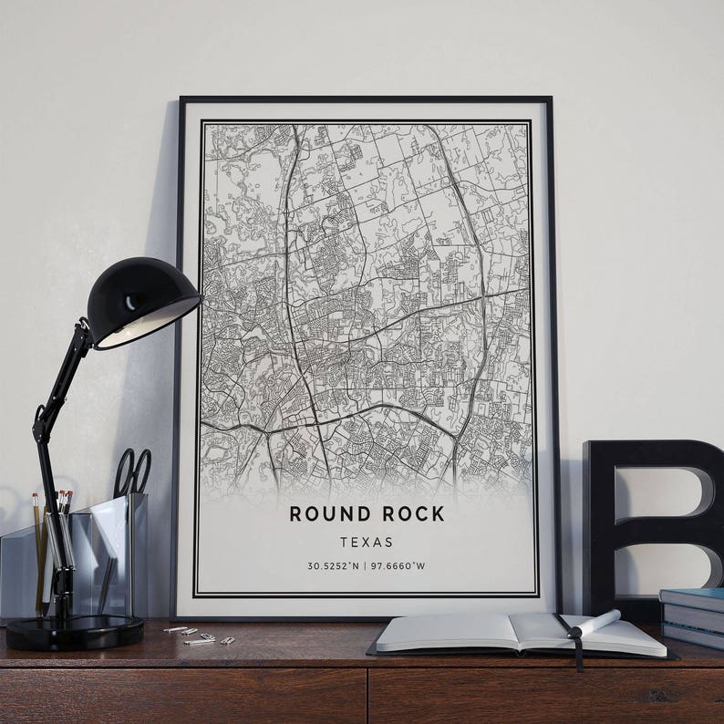 Round Rock Map Poster Print Wall Art Texas Gift Printable Image 0