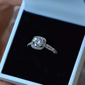 2 CT Vintage Style Diamond Engagement Ring, Halo Diamond Ring, Round D/SI 14K White Gold Ring, Natural Enhanced All Sizes