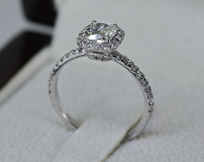 Halo 1 1/2 CT Diamond Engagement Ring, Cushion Cut D/VS2 18K White Gold, Natural Bridal Ring