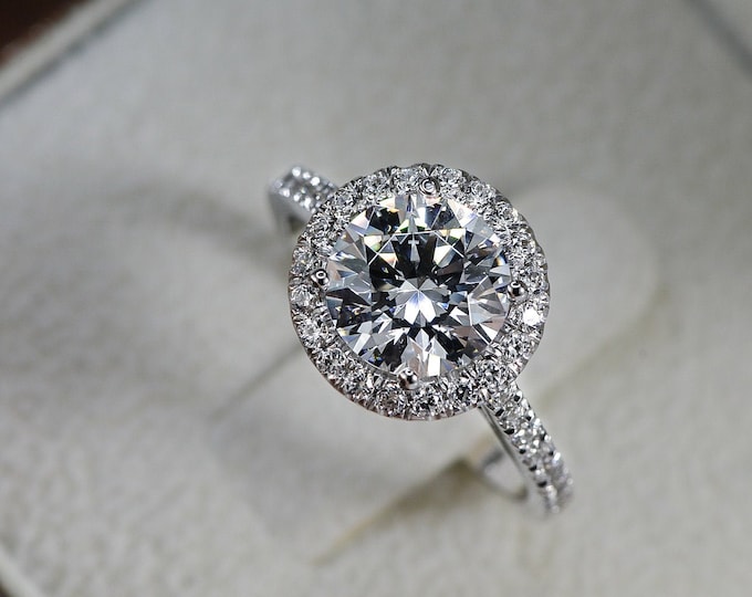 3 Ct Round Diamond Engagement Ring, F/SI1-SI2 18K White Gold Ring, Halo Diamond Ring