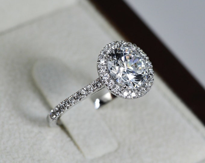 1 CT Halo Diamond Ring, F/VS2 Beautiful Round Diamond Engagement Ring, 18K White Gold Ring